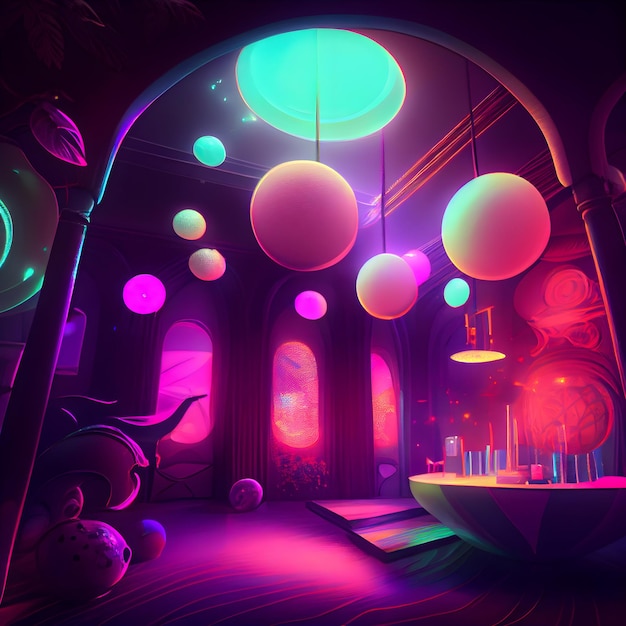 Futuristic room with glowing neon lights 3D rendering