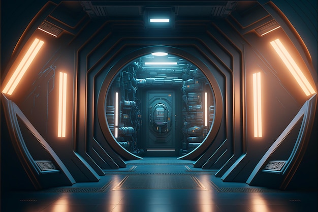 A futuristic room with a round door and orange lights.