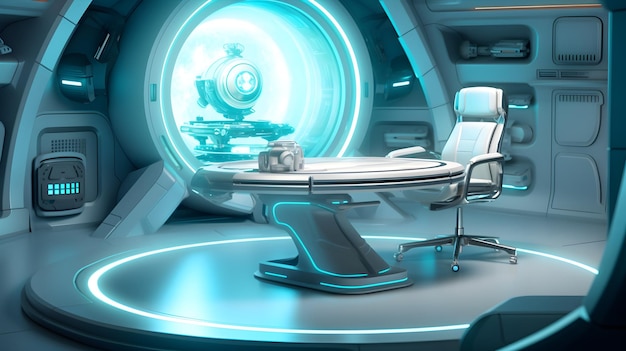 테이블과 의자, 모니터가 있는 미래적인 방.