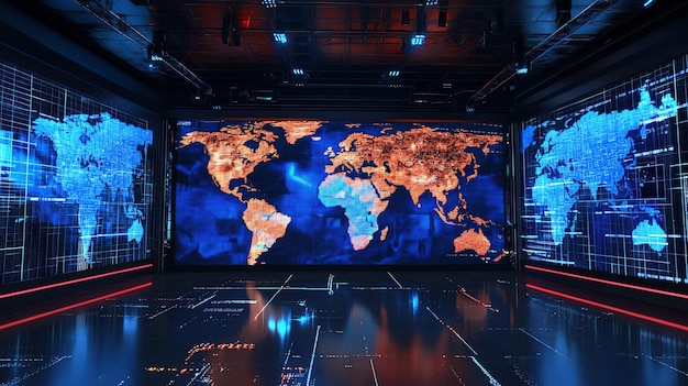 a futuristic room with three large screens displaying different variations of a world map with glowing lines and data patterns creating a visually dynamic and complex scene