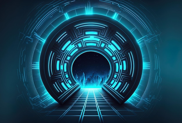 Futuristic round tunnel in the backdrop with bright neon blue lights