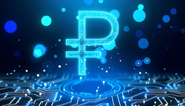 Futuristic Ruble Sign with Neon Circuitry on Blue Background 3D Rendering