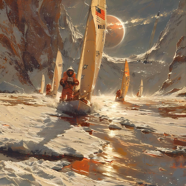 Futuristic Sailing on Marslike Terrain with Astronauts and Spacecrafts