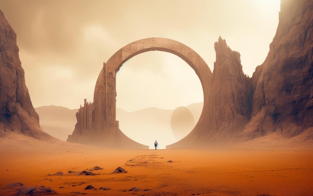 砂漠のSFイラストスタイルの未来的な砂が輝く丸いポータル