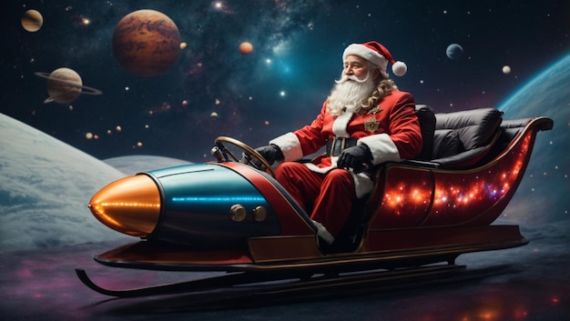 Photo futuristic santa speeding on a jet sleigh for a holiday