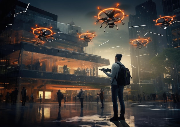 A futuristic scenario where AIdriven drones are distributing marketing materials in a smart city