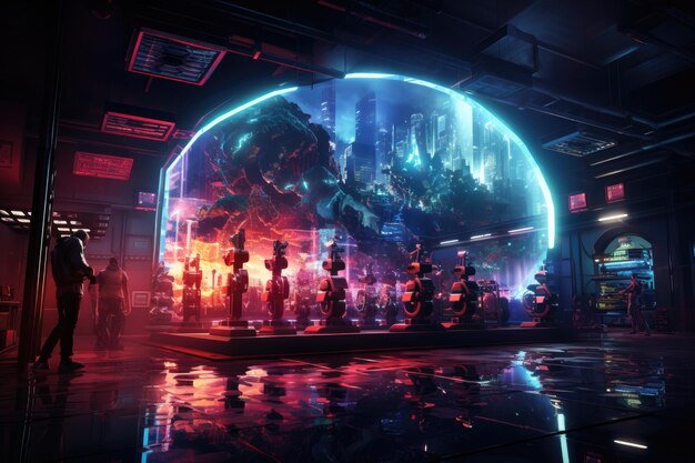 Photo futuristic scene at the gym floating dumbly athletes in neon luz generative ia