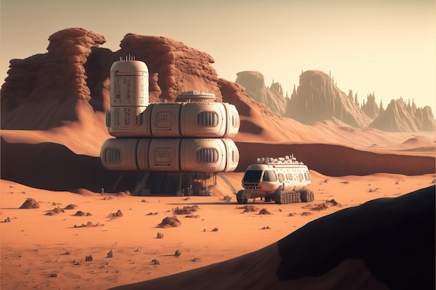 A futuristic scene of a mars base with a large building in the middle of it.