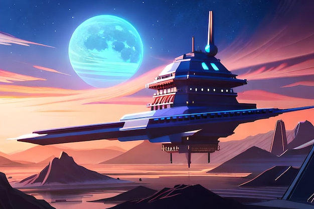 Футуристическая сцена с космическим кораблем вдалеке и планетой на заднем плане с летящим пассажиром