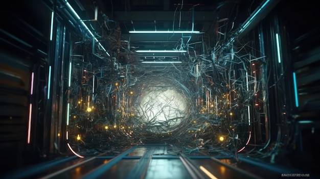 A futuristic scene with a spider web in the center and a large hole in the center.