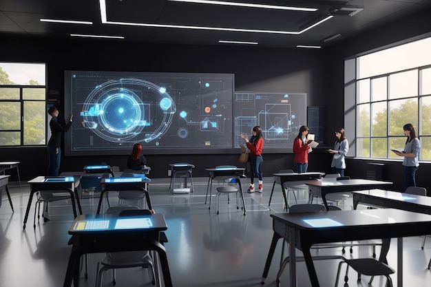 Futuristic school classroom with augmented reality projected in a electronic blackboard