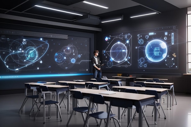 写真 電子ブラックボードに投影された拡張現実を持つ未来的な学校の教室