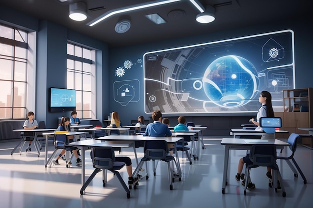 futuristic school classroom with augmented reality