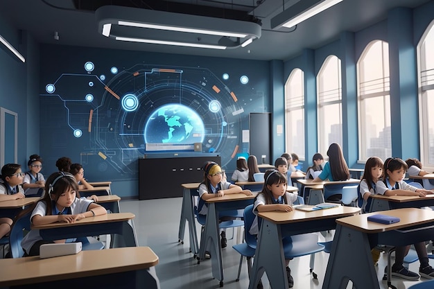 futuristic school classroom with augmented reality