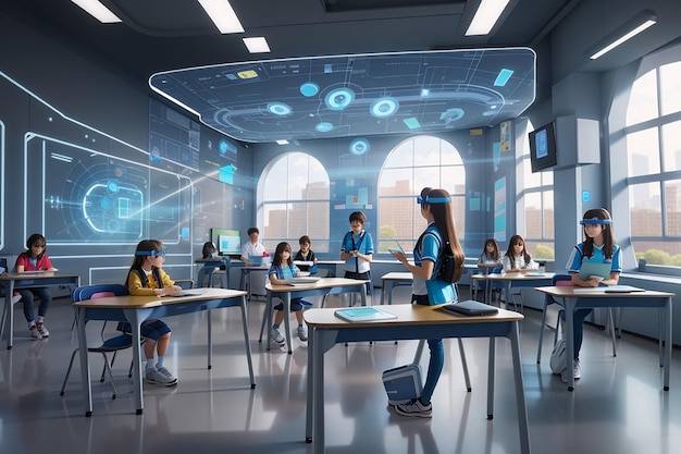 futuristic school classroom with augmented reality