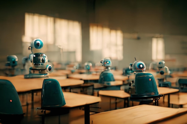 Futuristic school classroom with robots behind desks Ai generated art