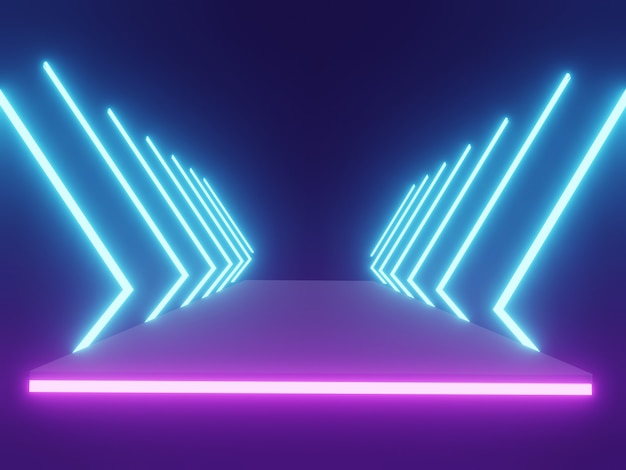 Foto forme futuristiche blu-viola astratte della luce al neon di fantascienza su fondo nero con spazio vuoto. rendering 3d