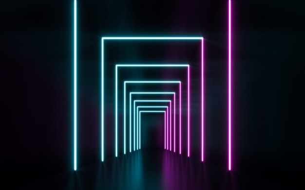 Futuristic Sci Fi blue and purple neon tube lights glowing. 3D rendering