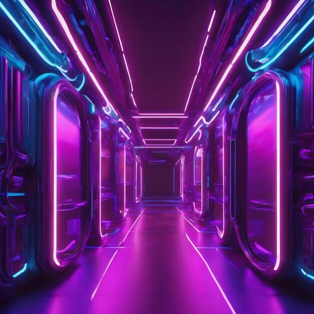 Futuristic sci fi blue and purple neon tube lights glowing 3d rendering