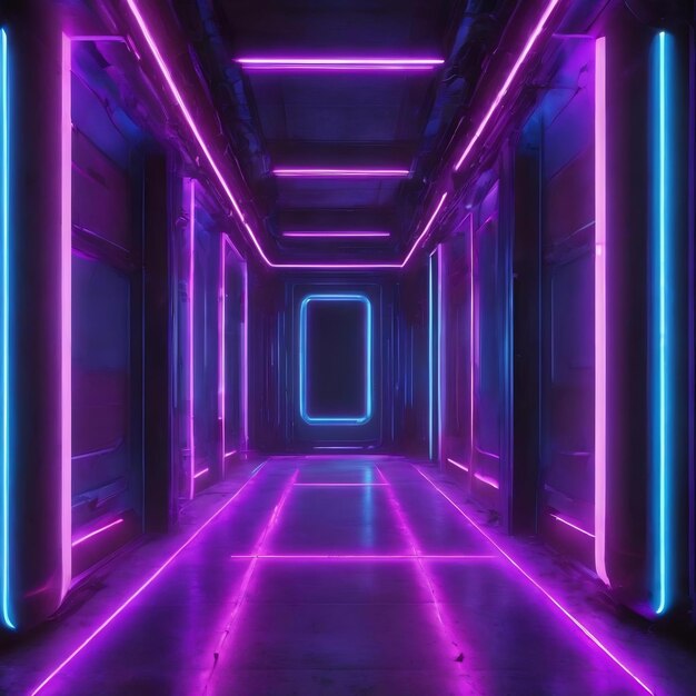 Futuristic sci fi blue and purple neon tube lights glowing with smoke wall 3d rendering