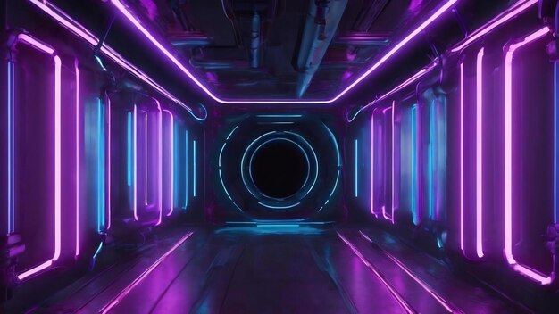 Futuristic sci fi blue and purple neon tube lights glowing with smoke wall 3d rendering