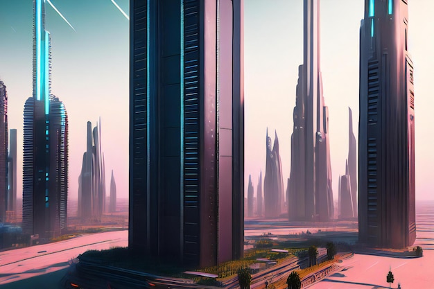 futuristic sci fi city with sky scrappers