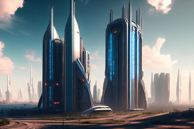 Photo futuristic sci fi city with sky scrappers