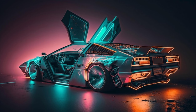 Foto futuristica auto cyberpunk fantascientifica con luci al neon di notte. illustrazione digitale