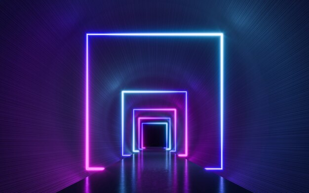 Foto fondo vuoto scuro futuristico di fantascienza con le luci al neon blu e viola. rendering 3d