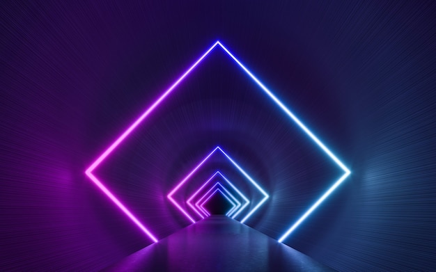 Fondo vuoto scuro futuristico di fantascienza con le luci al neon blu e viola. rendering 3d