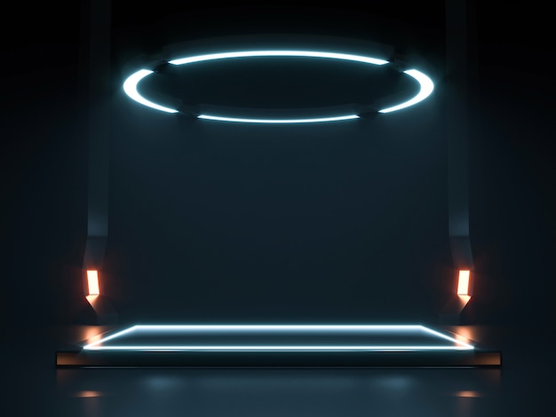 Futuristic Sci Fi Empty Stage neon. 3d rendering