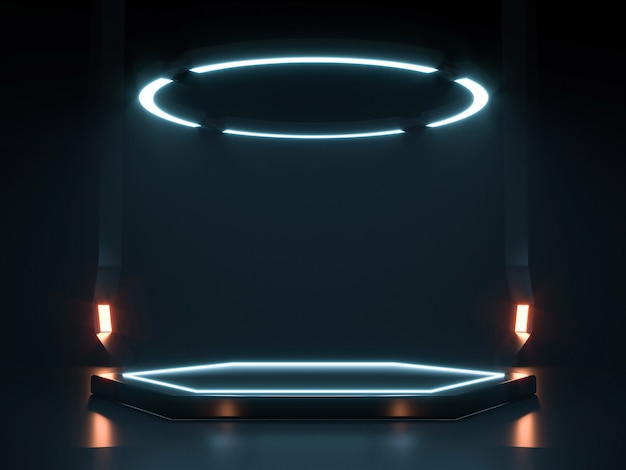 Futuristic Sci Fi Empty Stage neon. 3d rendering