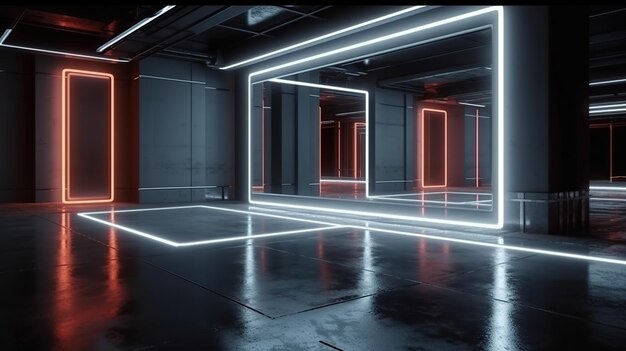 Photo futuristic sci fi lines white neon tube lights glowing in concrete floor room with reflections empty