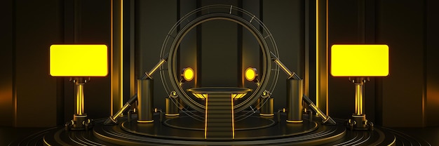 futuristic sci fi modern empty big hall dark spacetime portal light