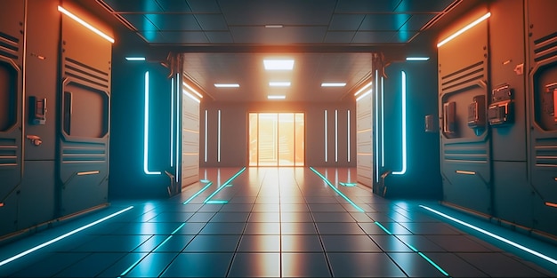 Futuristic sci fi neon light glowing inside spaceship tunnel room stage hall