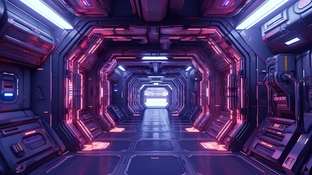 A futuristic sci fi space station with red and blue lights generative ai image