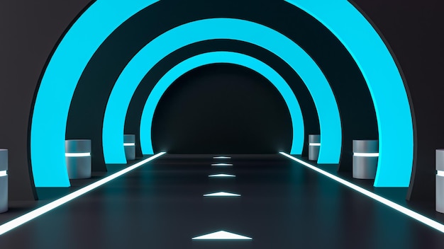 Photo futuristic sci-fi technology with blue glowing neon lights hallway and corridor tunnel road.