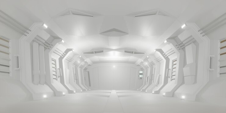 Photo 미래의 공상 과학 흰색 복도 방. 현대 미래 배경 스타일, 인테리어 컨셉입니다. 3d 렌더링