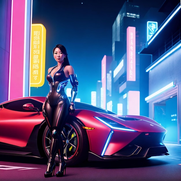 Futuristic sci fi woman wearing armor suit with racing car generative art by AI