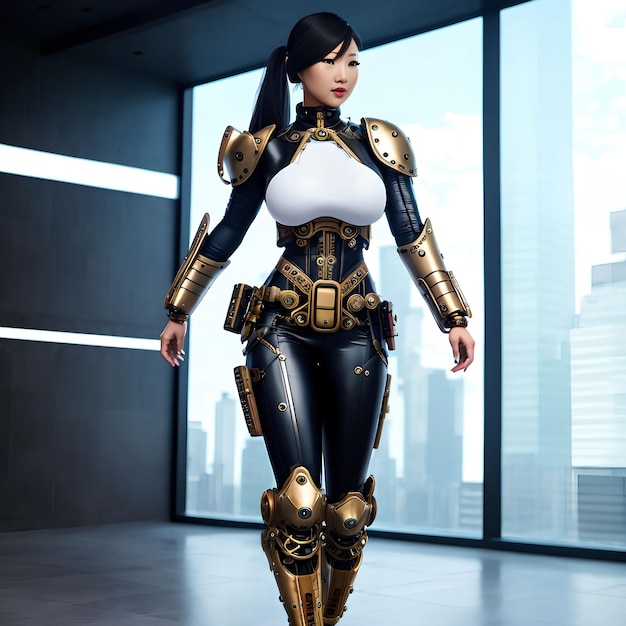 Futuristic sci fi of woman wearing cyborg suit armor generative art by AI