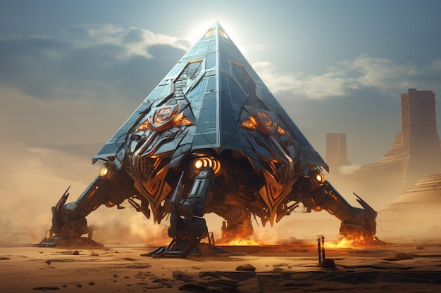 futuristic sci fiorer with a pyramid like structure in the desert generative ai