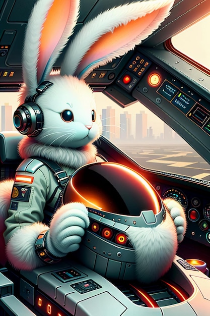 사진 미래의 공상과학 소설 토끼 군인 전투기 우주선 비행기를 운전하는 토끼 레지온