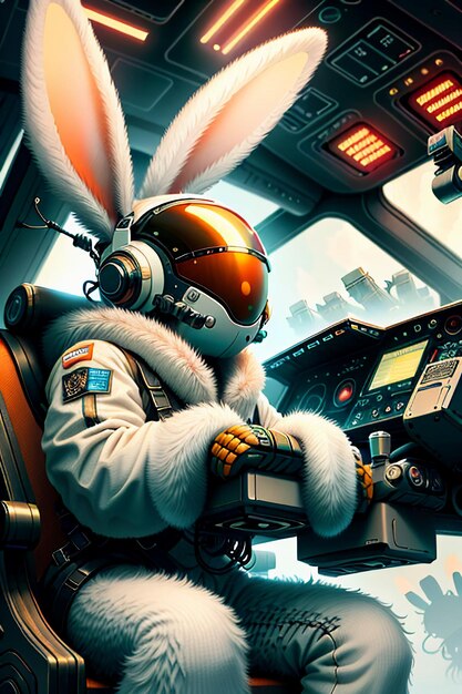 Foto futuristica fantascienza coniglietto soldato guerriero che guida un aereo spaziale rabbit legion