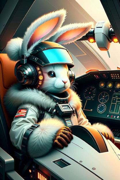 Foto futuristica fantascienza coniglietto soldato guerriero che guida un aereo spaziale rabbit legion
