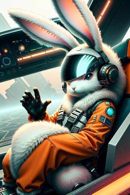 Futuristic science fiction bunny soldier warrior driving a spaceship aircraft rabbit legion