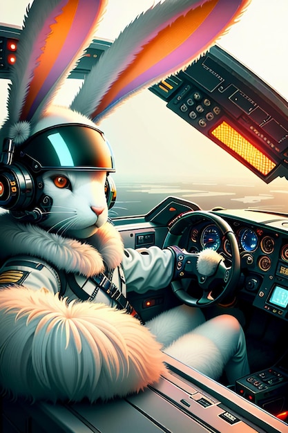 Photo futuristic science fiction bunny soldier warrior driving a spaceship aircraft rabbit legion