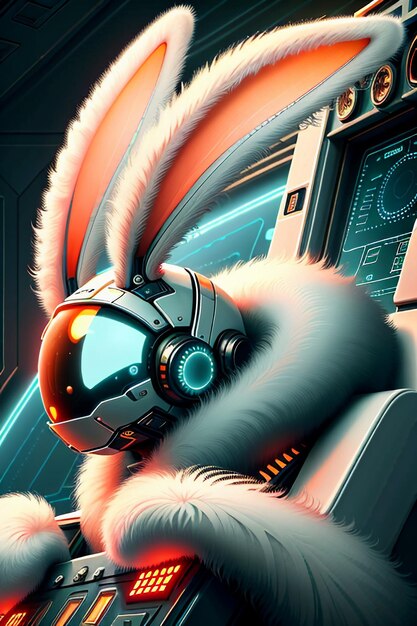 Foto futuristica fantascienza coniglietto soldato guerriero che guida un aereo spaziale rabbit legion