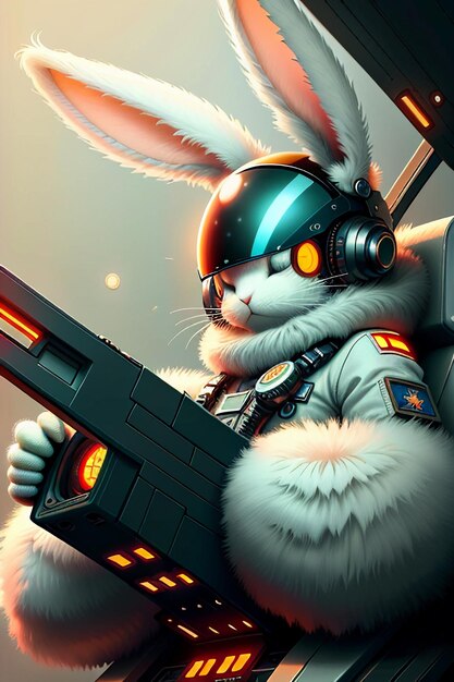 Photo futuristic science fiction bunny soldier warrior driving a spaceship aircraft rabbit legion