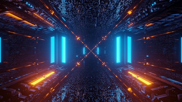 Футуристический научно-фантастический туннельный коридор с линиями и голубыми и оранжевыми огнями