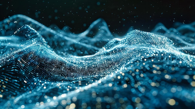 写真 未来科学技術の背景 抽象的なデジタルデザイン 輝く青い粒子と波のパターン